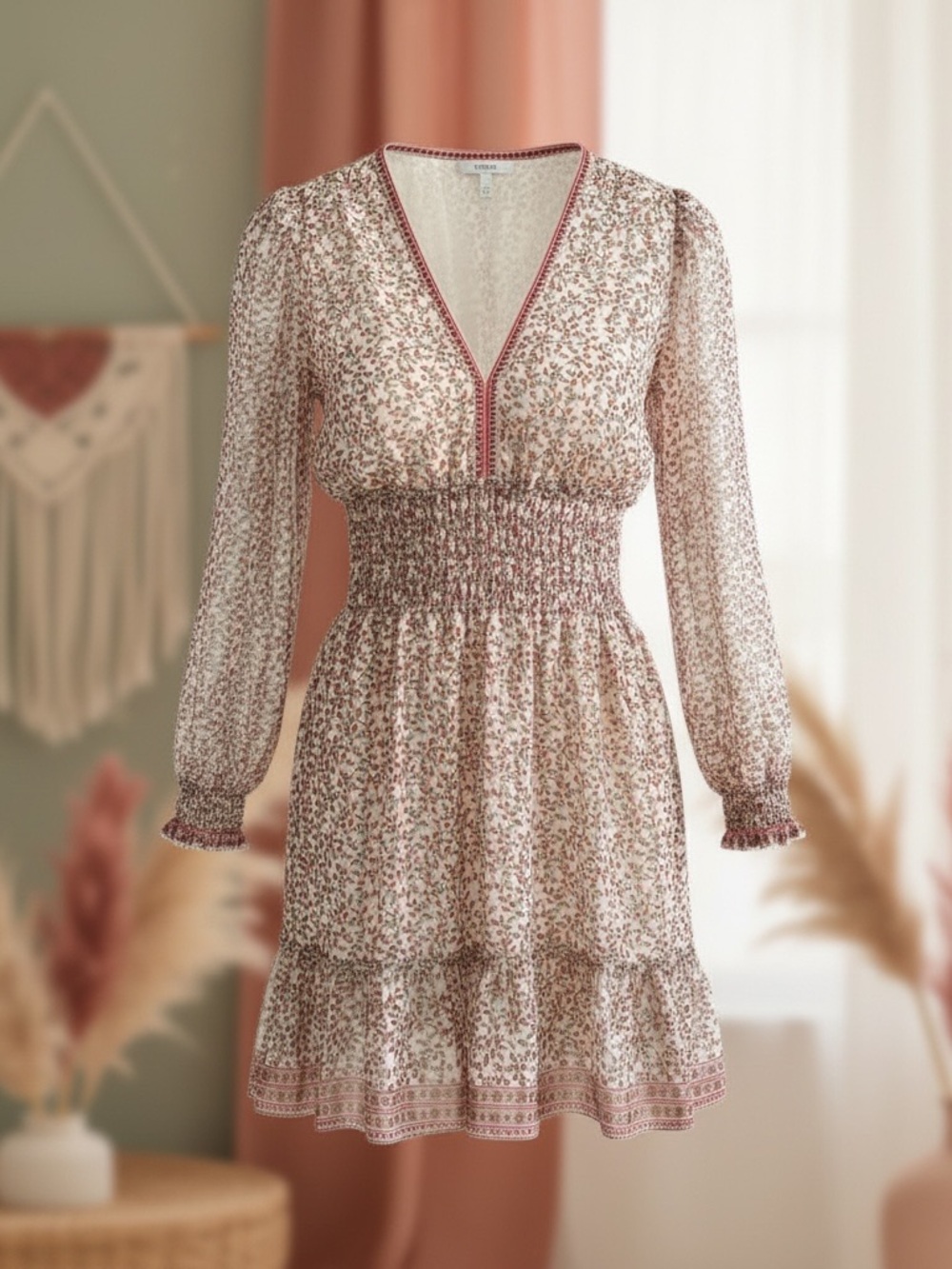 21. Max Studio Floral Smocked Mini Dress Size M Boho Cottagecore